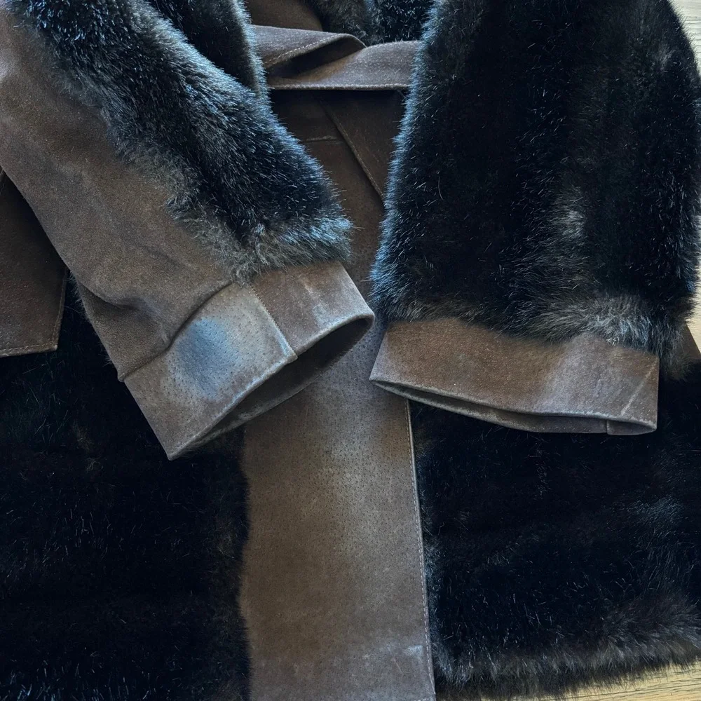 Vintage Rosewin Tissavel Brown Faux Fur Suede Belted Mid Coat Jacket Womens M‎ L